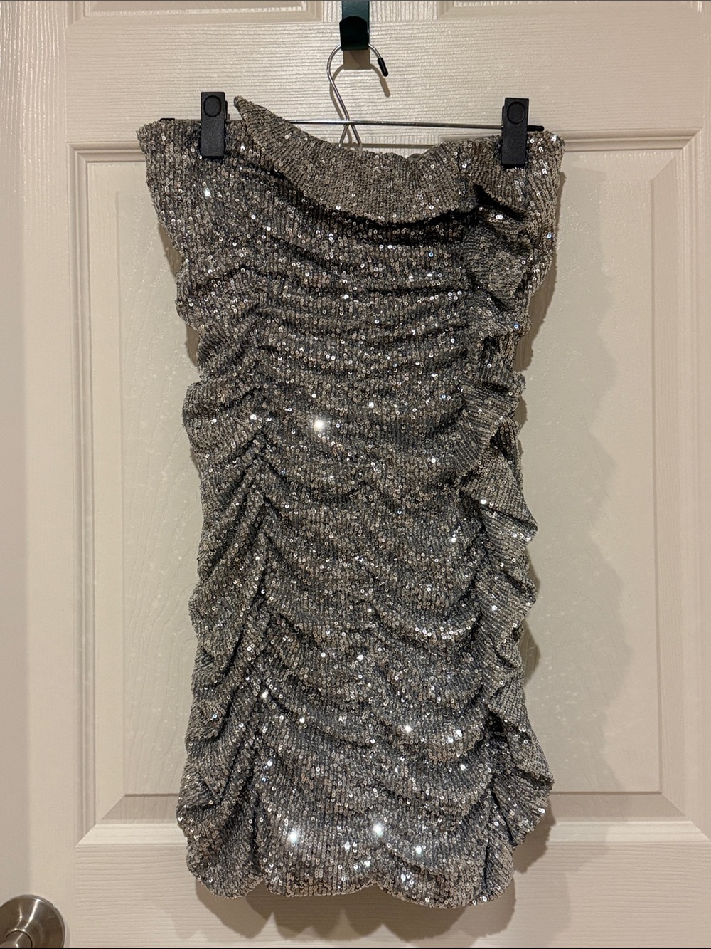 Zara Strapless Ruched Sequined Mini Dress - Silver